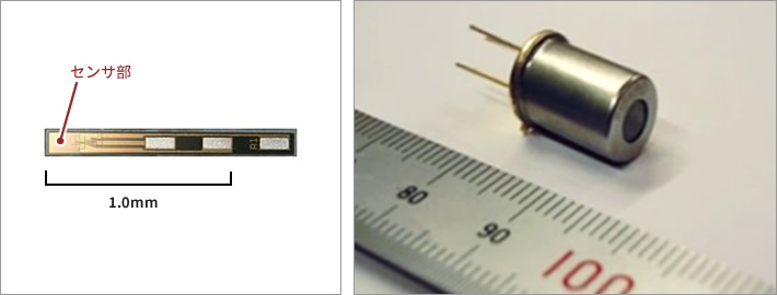 （左）顧客の要望によって生まれた「マイクロ圧力センサ」（右）SEMITEC独自の水素ガスセンサ（開発中）